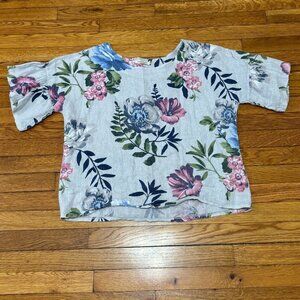 Laura Bianchi Top Womens Sz M 100% Linen Art To Wear Floral Butterfly Boho Gray